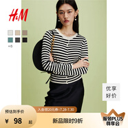 H&M女裝毛針織衫夏季慵懶風(fēng)圓領(lǐng)長袖打底衫短款外套0579541 黑色/條紋 M 165/96