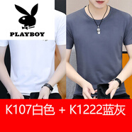 花花公子（PLAYBOY）夏季短袖T恤男女同款圓領(lǐng)白色ins潮牌2025女裝上衣服純棉潮流半袖 2024TM-K107白色+K1222藍(lán)灰色202 M 【建議90-100斤】