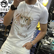 狄帝鯊 歐洲站夏季新款潮流時(shí)尚男裝重工燙鉆冰絲t恤男印花棉質(zhì)短袖男士 四方-T3021純棉【白色】 2XL