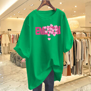 皮爾卡丹（pierre cardin）綠色純棉短袖t恤女夏季2025新款歐貨大版寬松半袖體恤中長(zhǎng)款上衣 綠色(粉色愛心款) 2XL (125-145斤)