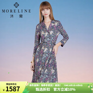 MORELINE沐蘭冬季新款復(fù)古中腰印花連衣裙女九分袖碎花裙 綠紫花 M 38
