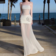 九寸陽(yáng)光法式純欲性感透視白色網(wǎng)紗花朵抹胸連衣裙女海邊度假氣質(zhì)包臀長(cháng)裙 白色網(wǎng)紗 M