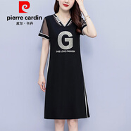 皮爾卡丹（pierre cardin）今年流行裙子顯瘦遮肉夏時尚胖mm大碼女裝減齡高端精致連衣裙 黑色今年流行的輕奢品牌 M 建議95-104斤