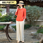夏典素訂女王（SE.PSTP）素訂文藝棉麻女2022新款棉麻套裝兩復(fù)古民族風(fēng)2021新款女春秋長袖 紅上衣+褲子套裝 L 【建議110~120斤】