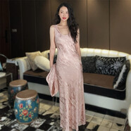 花影妖妖提花真絲冠樂(lè )縐背心連衣裙圓領(lǐng)斜裁修身顯瘦包臀魚(yú)尾長(cháng)裙夏M50113 柔粉色 M