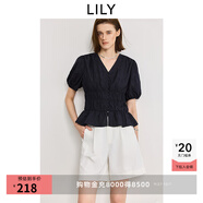 LILY2025夏新款女裝法式浪漫V領(lǐng)收腰休閑百搭通勤泡泡袖短袖襯衫 411藏青 M