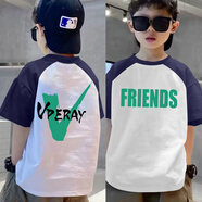 PURCOTTON全棉時(shí)代夏季男童純棉撞色短袖2025新款兒童t恤夏裝中大童插肩半 藏青拼白-xd41前后圖 110 cm