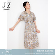 玖姿·安娜蔻花卉印花連衣裙女夏燈籠袖收腰法式風情連衣裙 花咖啡 L