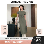 UR夏季新款女裝時(shí)尚褶皺收腰修身圓領(lǐng)短袖連衣裙UWG740021 灰綠 S