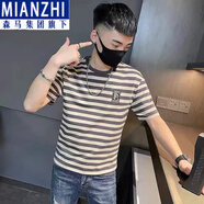 棉致新款夏季短袖t恤男潮牌條紋痞帥百搭半袖精神小伙體恤男裝 D95短袖灰色 S_60-80斤