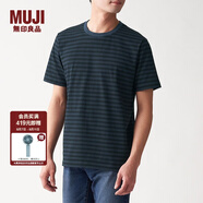 無印良品 MUJI 男式 印度棉天竺編織 條紋短袖T恤 黑色X橫條 L
