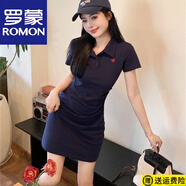 羅蒙（ROMON）純棉短袖T恤連衣裙女收腰顯瘦夏季新款刺繡POLO領(lǐng)學(xué)院風(fēng)長(zhǎng)裙子潮 藏青色短·款 M