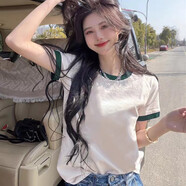 以純 YISHION純棉色領(lǐng)短袖T恤女2025夏季新款洋氣減齡打底衫撞色顯瘦內(nèi)搭上衣 純色綠領(lǐng) S (85-95斤)
