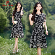 皮爾卡丹（pierre cardin）雪紡連衣裙夏季2025新款衣服大碼女裝超好看高端精致氣質(zhì)連身裙子 黑花 XL