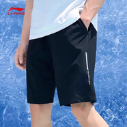 李寧冰絲速干短褲男2025夏季新款五分褲子男士青少年跑步休閑運動服飾 黑色（速干-側邊印花-拉鏈口袋） L
