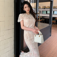 夏裝新品米色睫毛蕾絲仙氣魚(yú)尾長(cháng)裙高腰顯瘦圓領(lǐng)短袖設計感洋裝 米白色 M 均碼