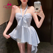 蜜樂(lè )奇不規則抹胸背心修身辣妹外穿中長(cháng)款露背無(wú)袖上衣清新格子 藍白格 背后有松緊 S 80--95斤