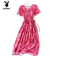 花花公子（PLAYBOY）碎花印花時尚優(yōu)雅棉綢連衣裙系帶收腰寬松顯瘦V領綿綢長款人造棉 扎染紅 M 建議115斤以下