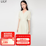 LILY秋新款女裝溫柔純色氣質(zhì)V領(lǐng)洋氣高腰短袖連衣裙小白裙女 612奶白 M