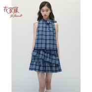 衣家寐不眠海夏季藍色格紋寬松顯瘦無(wú)袖荷葉邊蛋糕連衣裙女 藍色格紋 S