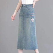 溥畔新中式刺繡國風(fēng)牛仔半身裙女春夏新款高腰A字包臀開叉一步裙 藍(lán)色繡花【3303#】 S 建議【85-95斤】
