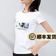 幻黛短袖t恤女夏季女裝棉白色打底衫品牌純色女士短袖新款印花白t恤女 白色款-少女花朵 XL 【建議110-120斤】