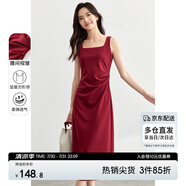 尚都比拉法式連衣裙女夏天赫本風(fēng)氣質(zhì)A字裙抽褶收腰顯瘦背帶裙 安可拉紅 L