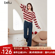 百圖betu女裝冬季新款毛衣時髦條紋溫暖毛絨長袖毛衫女2312T10 紅白條 S