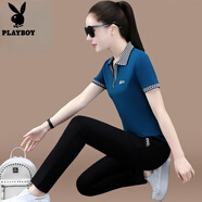 花花公子（PLAYBOY）時(shí)尚女裝短袖T恤長(cháng)褲運動(dòng)套裝女士夏天新款大碼洋氣polo衫休閑裝 霧霾藍 2XL【建議120-132斤】
