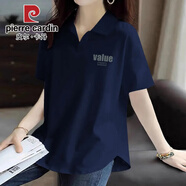 皮爾卡丹（pierre cardin）夏季POLO衫女短袖休閑大碼不規(guī)則弧形下擺寬松顯瘦減齡翻領(lǐng)上衣服 2024藏青-【C15-B34】2025 L 100-115斤