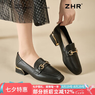 ZHR單鞋女英倫風(fēng)舒適方頭樂(lè )福鞋女兩穿粗跟透氣皮鞋女 K196 黑色 37