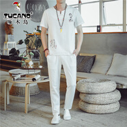 啄木鳥(niǎo)亞麻套裝男夏季休閑薄款短褲棉麻短袖t恤男兩件套中國風(fēng)大碼男裝 禪心茶舍 白色(上衣＋褲子) M 85-105斤
