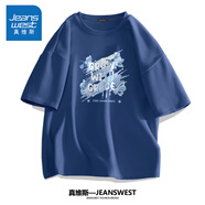 真維斯（Jeanswest）半袖男夏季大碼男士衣服男生純棉休閑短袖體恤胖子寬松男裝白t恤 蔚藍(lán)(冰清蝶) XL (建議140斤-160斤左右)