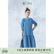 EIN言美拉藍(lán)多巴胺格紋泡泡袖圓領(lǐng)低腰壓褶休閑娃娃裙秋季新款 寶藍(lán) S