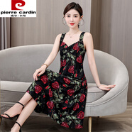 皮爾卡丹（pierre cardin）2025胖m妹夏季吊帶裙冰絲碎花長裙顯瘦V領(lǐng)減齡吊帶連衣裙裙子 綠葉紅玫瑰花 2XL 建議體重110斤-125斤