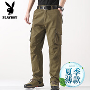 花花公子（PLAYBOY）工裝褲男士春夏季薄款大碼寬松直筒純棉休閑褲男多口袋潮牌長(cháng)褲子 軍黃色 36 (2尺8)