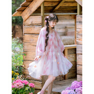 南風(fēng)谷【緋櫻】暈染柔霧粉漸變花朵大擺寬松燈籠袖國風(fēng)少女連衣裙 柔霧粉(連衣裙) 現貨 S