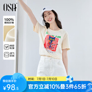 歐莎（OSA）港風(fēng)奶油杏色英文印花短袖女2025新款寬松顯瘦內搭T恤上衣 米杏色 XL