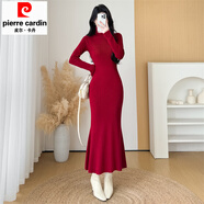 皮爾卡丹感超長(cháng)款包臀內搭顯瘦裙子針織連衣裙女秋冬氣質(zhì)魚(yú)尾裙高領(lǐng) 紅色 M 建議90-110體重