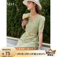 AMII夏季新款泡泡袖連衣裙女通勤斜V領(lǐng)赫本裙法式裙子小黑裙12230067 抹茶綠 XS 150/76A