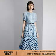 顏域時尚波點連衣裙2024新款女夏季通勤藍色圓領(lǐng)中長款短袖裙子女 藍波點 M/38