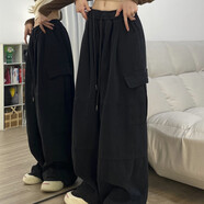 俞兆林（YUZHAOLIN）美式束腳工裝褲女春秋季辣妹嘻哈寬松直筒闊腿褲顯瘦休閑長(cháng)褲潮流 黑色 M