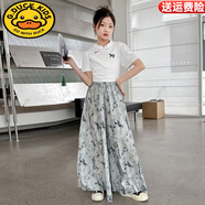 G.DUCKKIDS童裝女童夏裝套裝2025新款兒童中國洋氣中大童夏季水墨畫兩件套 刺繡蝴蝶白T+灰色褲裙【套裝】 120 碼（身高100-110cm）