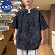 NASA MARVEL短袖體恤男夏季美式不規(guī)則扎染v領(lǐng)上衣潮牌輕奢時尚百搭上衣 黑色 4XL