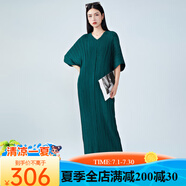 SHXI三宅褶皺歐美連衣裙大碼夏季胖mm金屬寬松v領(lǐng)優(yōu)雅禮服長(zhǎng)裙子 墨綠色 均碼