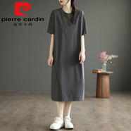 皮爾卡丹（pierre cardin）歐高端女裝時(shí)尚氣質(zhì)通勤中長(zhǎng)裙純棉寬松口袋T恤連衣裙 深灰色 純色款今年流行的輕奢品 M 建議115斤內(nèi)