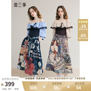 兩三事暮色詩行 2025夏季新款復(fù)古一字肩露肩條紋印花泡泡袖連衣裙 藍(lán)色 M