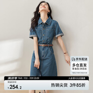 尚都比拉復古襯衫領工裝短袖牛仔連衣裙休閑顯瘦小個子裙子 牛仔藍 S 