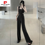 皮爾卡丹高腰小眾連身褲女2025夏季新款鏤空漏腰設計感垂感西裝背帶連體褲 黑色連體褲 S 【建議85-95斤】