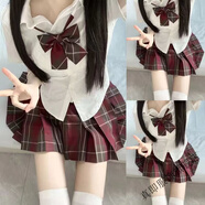 真即jk制服學(xué)院風(fēng)百褶裙套裝收腰顯瘦襯衫三件套格裙襯衣大碼半身裙子 白襯衫+大紅格子蝴蝶結+大紅裙  S